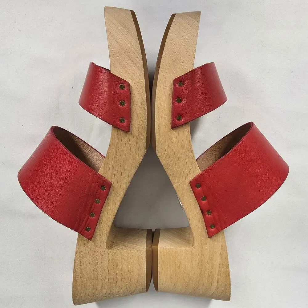 MADEWELL WOMEN'S CLARA RED LEATHER CLOG SANDALS – SIZE 7 – WOOD BLOCK HEELS